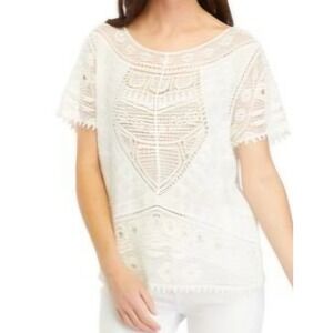 Ultra Pink cotton crochet boho blouse womans M gauze embroidered cap sleeves